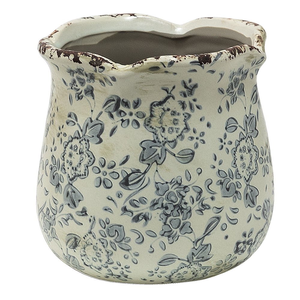 Retro květináč se šedými květy a popraskáním Alana M - Ø 15*14 cm