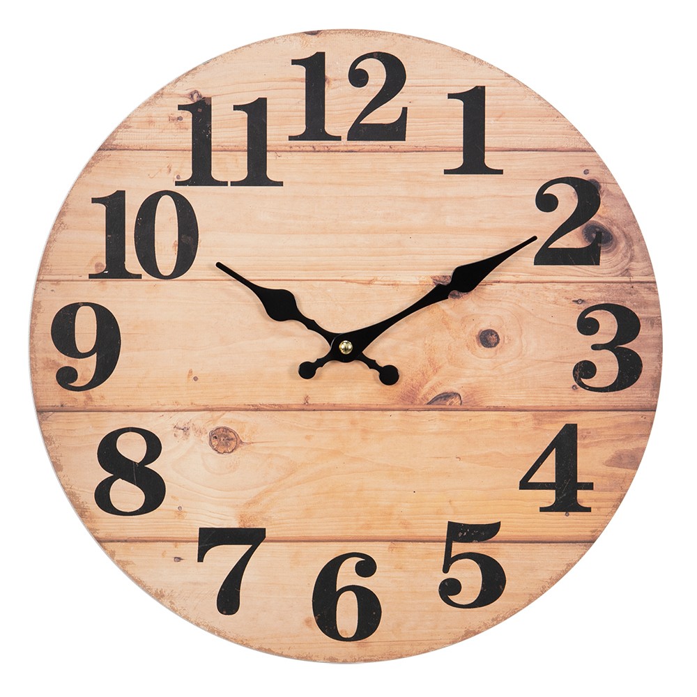 Hnědé nástěnné hodiny s motivem dřevěných prken – Ø 34*4 cm / 1*AA Clayre & Eef