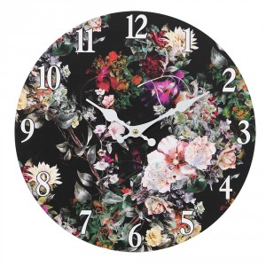 Černé nástěnné vintage hodiny s květy I – Ø 34*4 cm / 1*AA