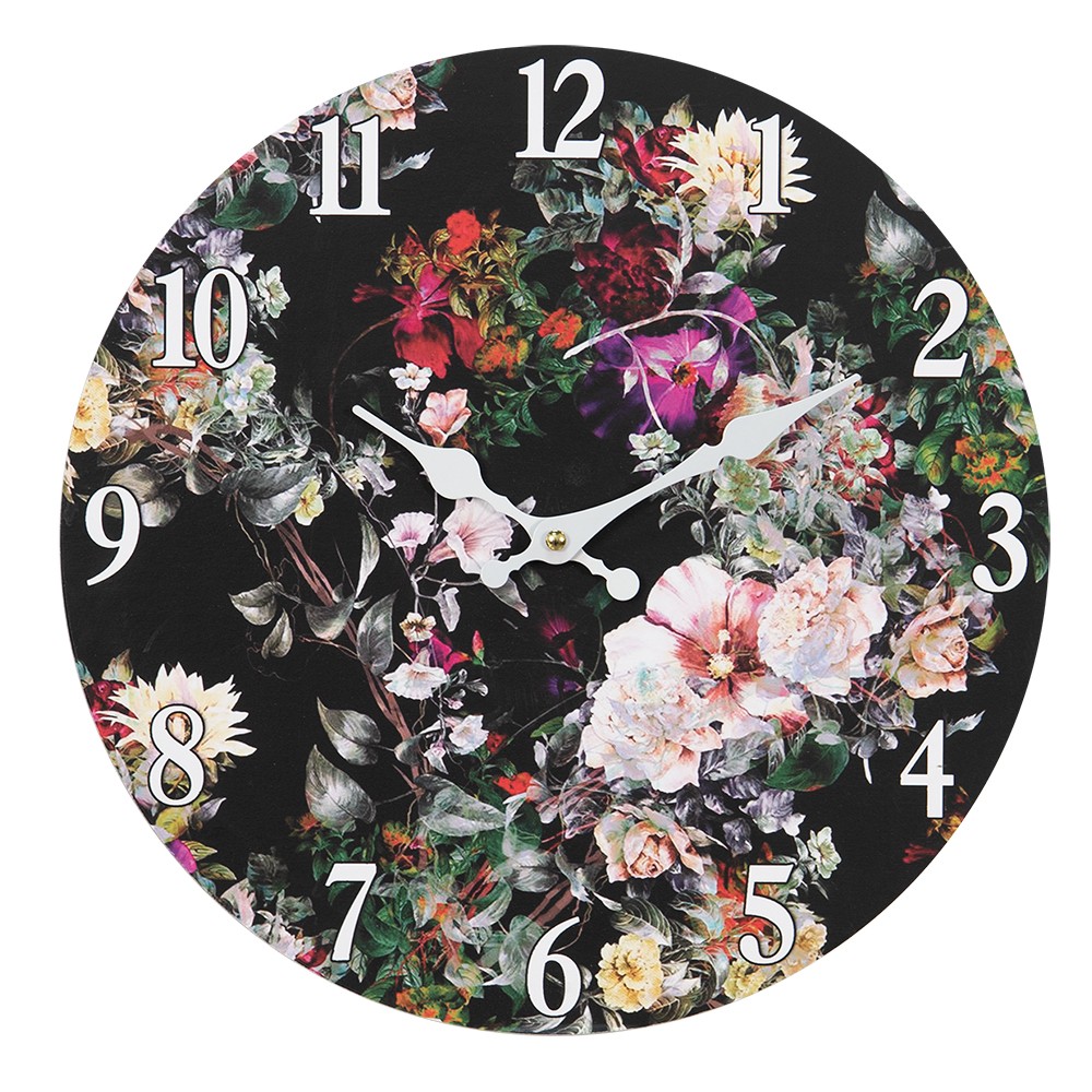 Černé nástěnné vintage hodiny s květy I – Ø 34*4 cm / 1*AA 6KL0759