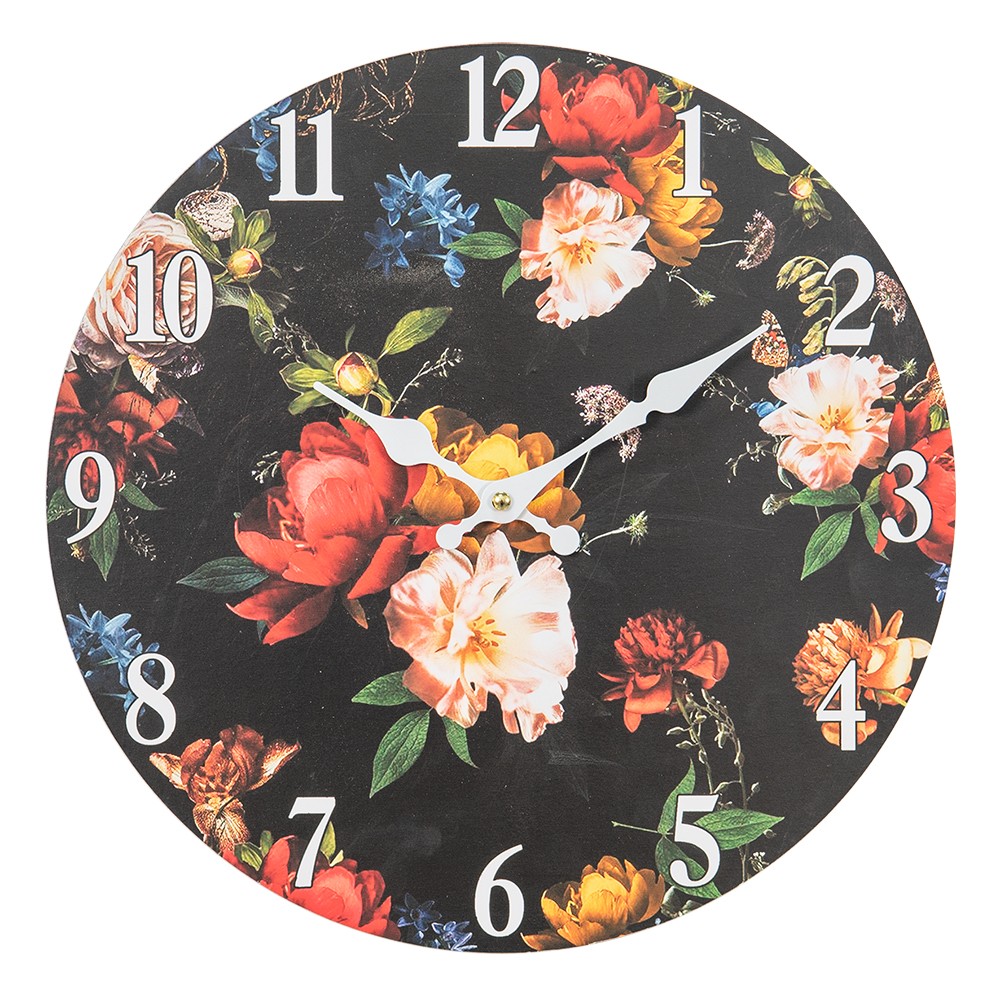Černé nástěnné vintage hodiny s květy – Ø 34*4 cm / 1*AA Clayre & Eef