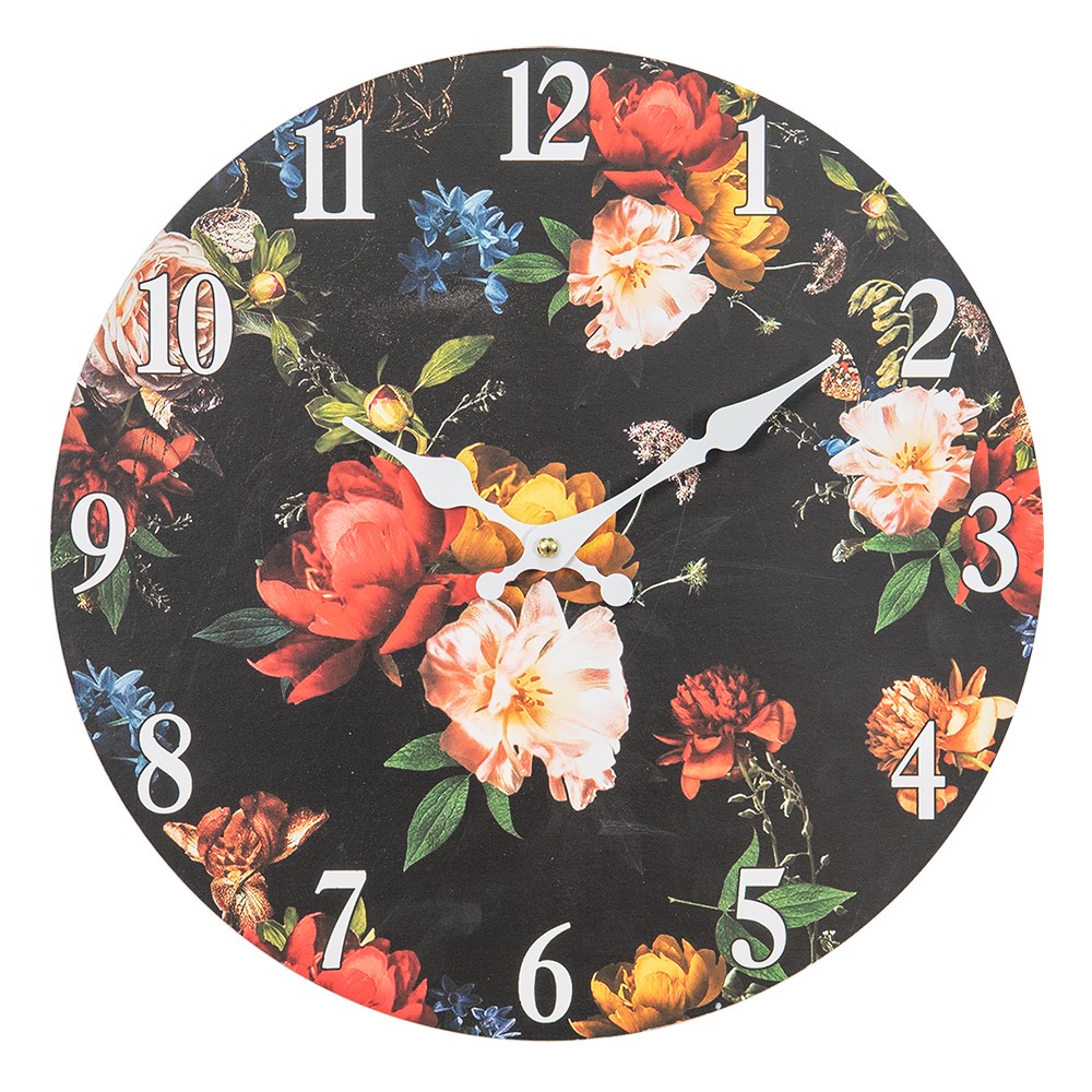Černé nástěnné vintage hodiny s květy – Ø 34*4 cm / 1*AA