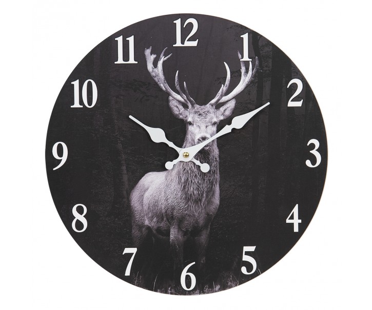Černé nástěnné hodiny s jelenem Deer – Ø 34*4 cm / 1*AA