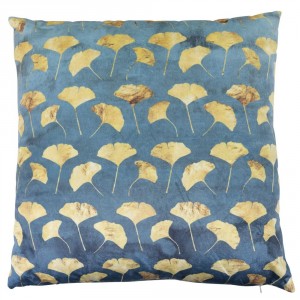 Modrý sametový polštář se zlatými listy ginko - 45*45*10cm