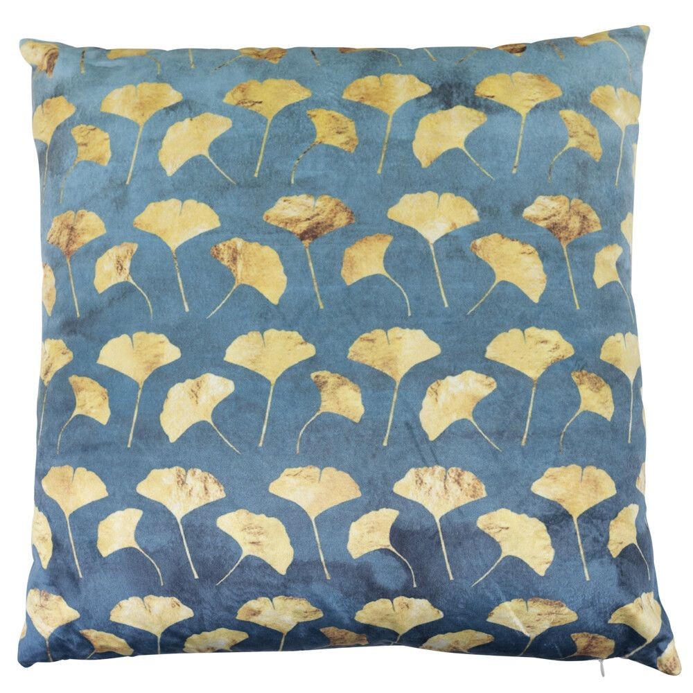 Modrý sametový polštář se zlatými listy ginko - 45*45*10cm
