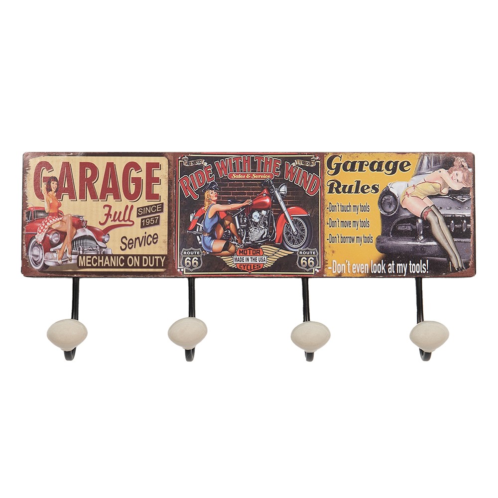 Nástěnný kovový věšák se 4-mi háčky Garage - 40*7*18 cm