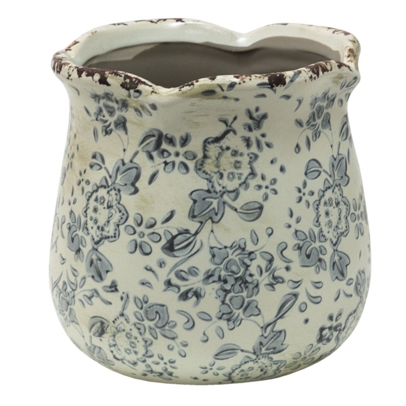 Retro květináč se šedými květy a popraskáním Alana S - Ø 12*12 cm