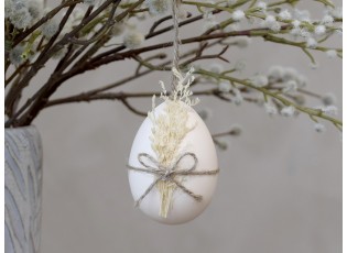 Závěsné bílé dekorační vajíčko se suchými květy - Ø 5*7 cm