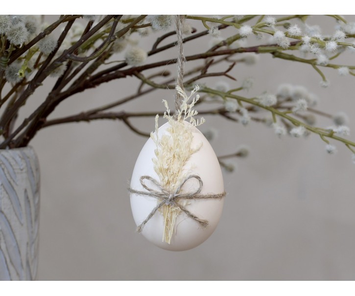 Závěsné bílé dekorační vajíčko se suchými květy - Ø 5*7 cm