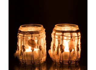 2ks skleněný svícen na čajovou svíčku s ozdobnými provázky - Ø 7,5*9,5 cm