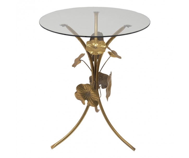 Zlatý antik kovový stolek s listy a skleněnou deskou - Ø 60*76 cm