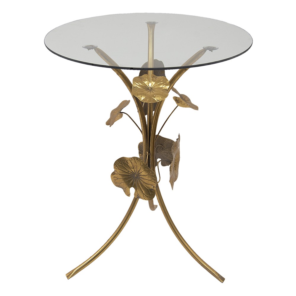 Zlatý antik kovový stolek s listy a skleněnou deskou Lave - Ø 60*76 cm 5Y1068
