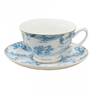 Bílo-modrý porcelánový šálek s podšálkem - Ø 10*6 / Ø 15*2 cm / 250 ml