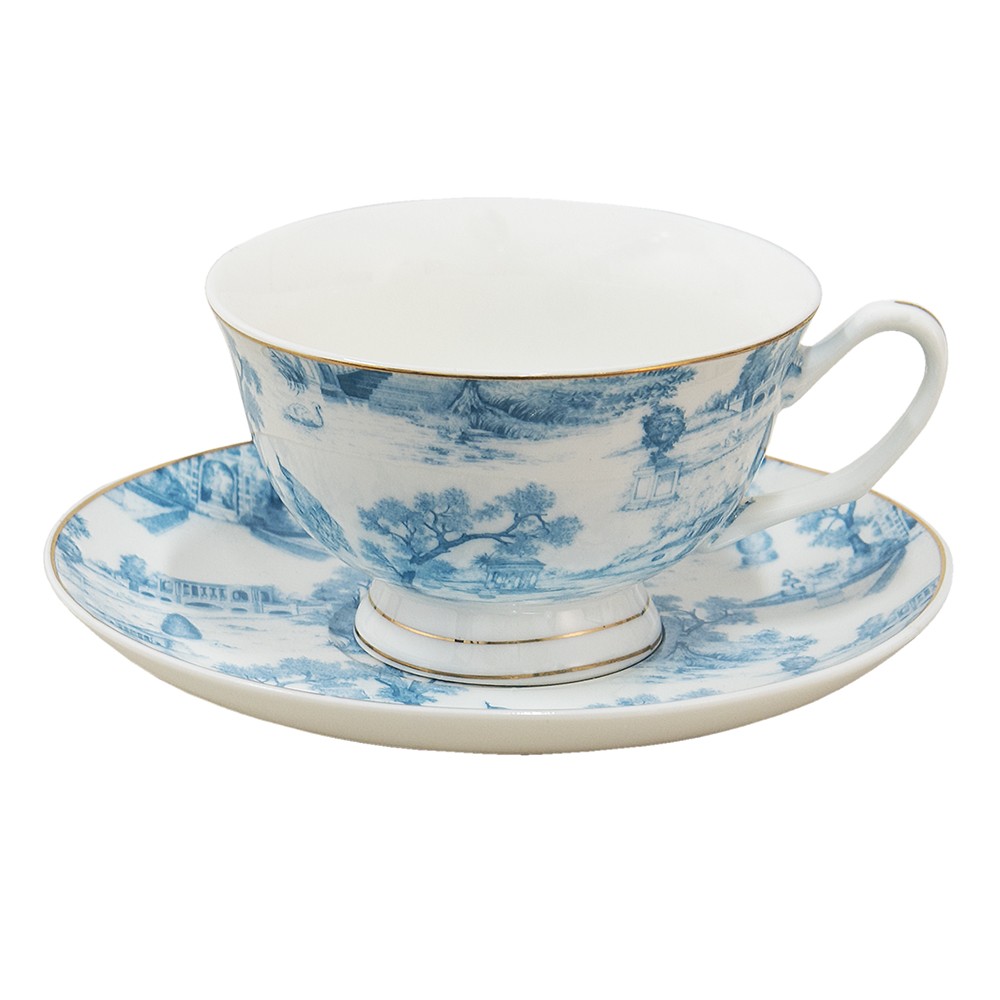 Bílo-modrý porcelánový šálek s podšálkem - Ø 10*6 / Ø 15*2 cm / 250 ml