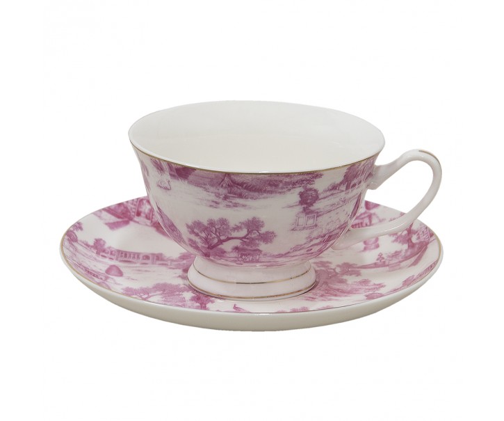 Bílo-růžový porcelánový šálek s podšálkem - Ø 10*6 / Ø 15*2 cm / 250 ml