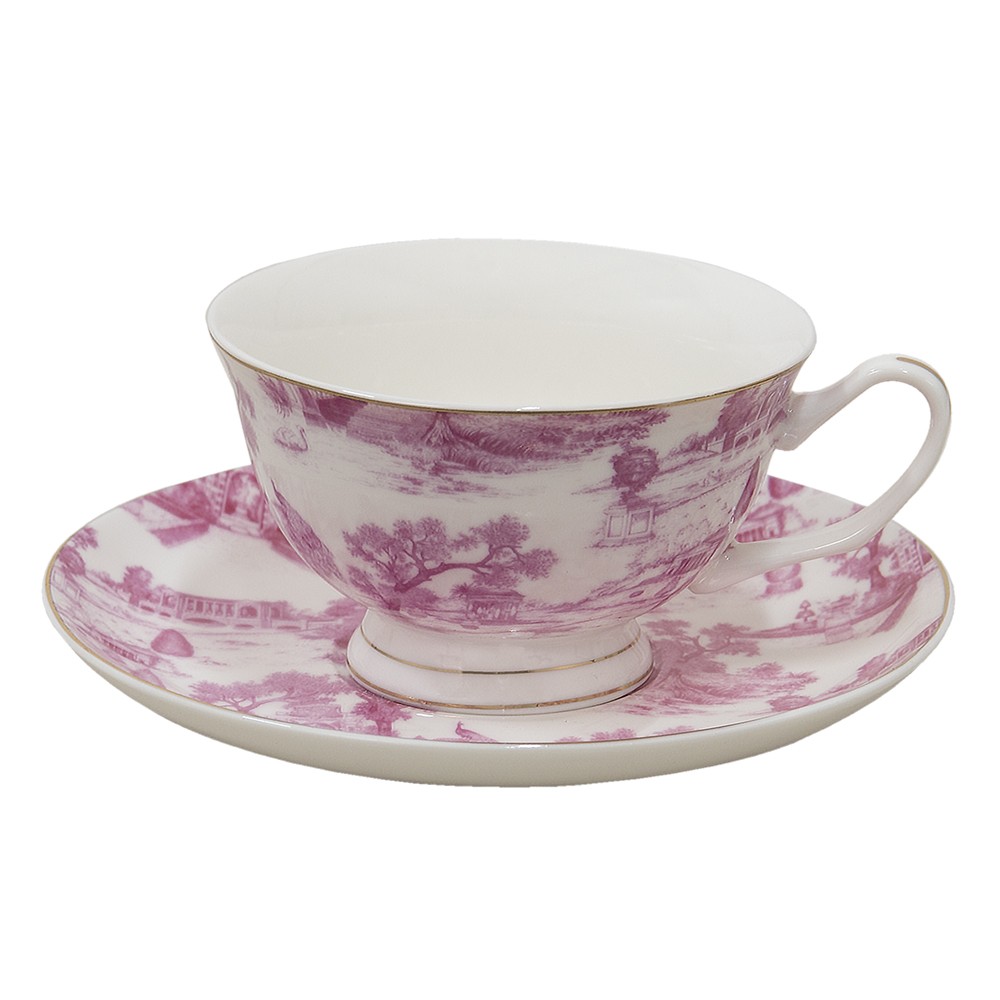 Bílo-růžový porcelánový šálek s podšálkem - Ø 10*6 / Ø 15*2 cm / 250 ml