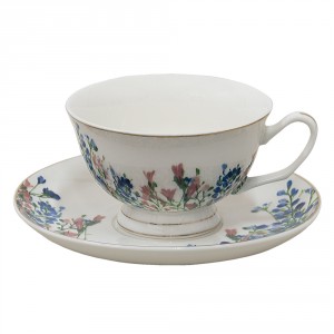 Porcelánový šálek s podšálkem a květy - 12*10*6 cm / Ø 15*2 cm / 250 ml