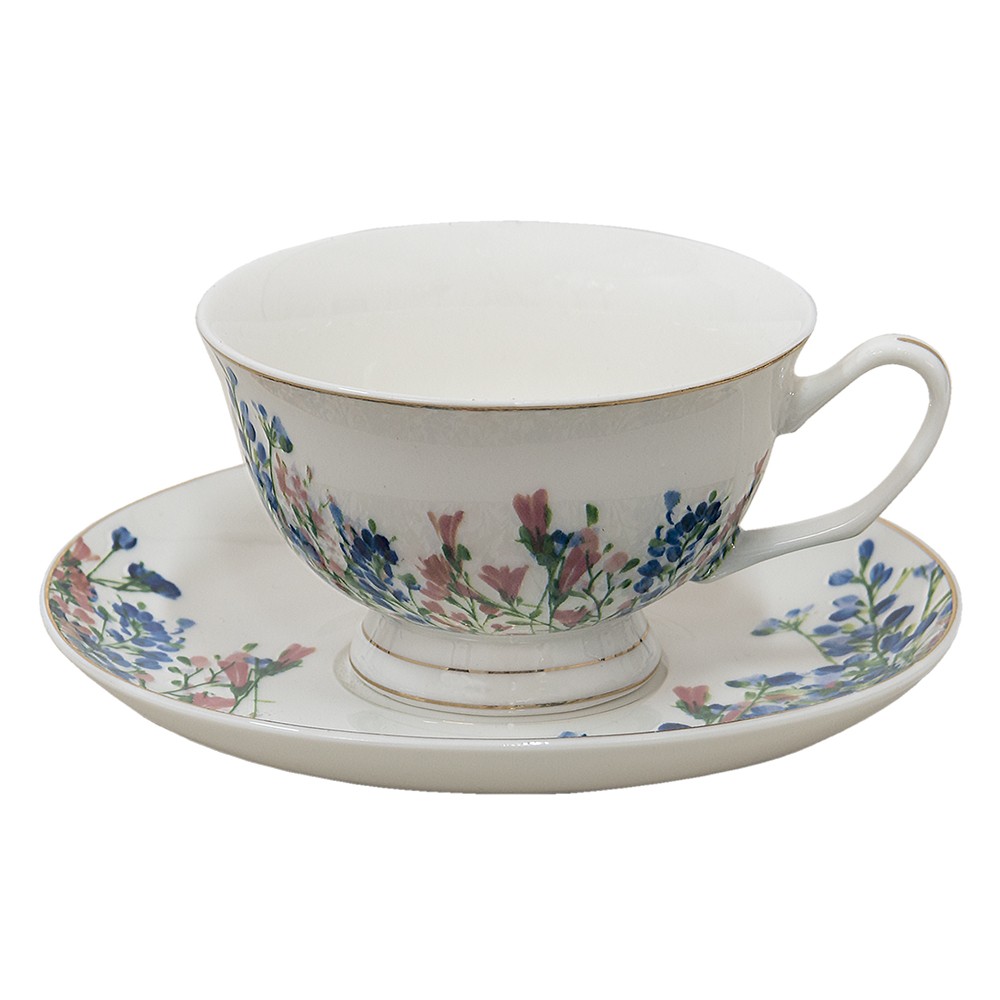 Porcelánový šálek s podšálkem a květy - 12*10*6 cm / Ø 15*2 cm / 250 ml