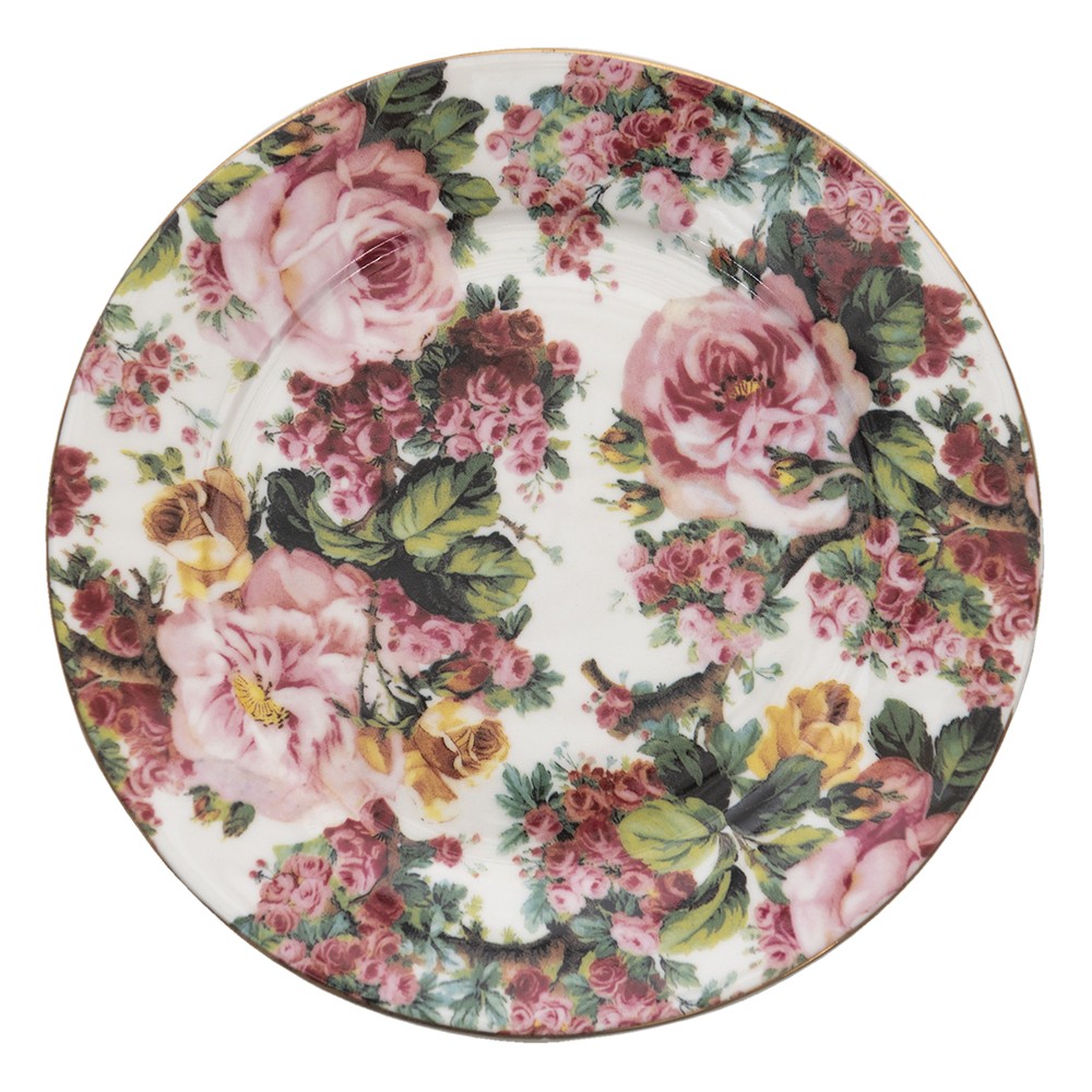 Porcelánový dezertní talířek s květy a zlatou linkou Pink Flowers - Ø 21*2 cm Clayre & Eef