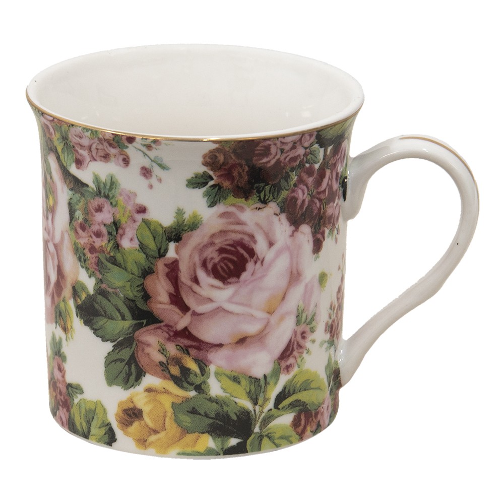 Porcelánový hrnek s květy a zlatou linkou Pink Flowers - 12*8*9 cm / 330 ml Clayre & Eef