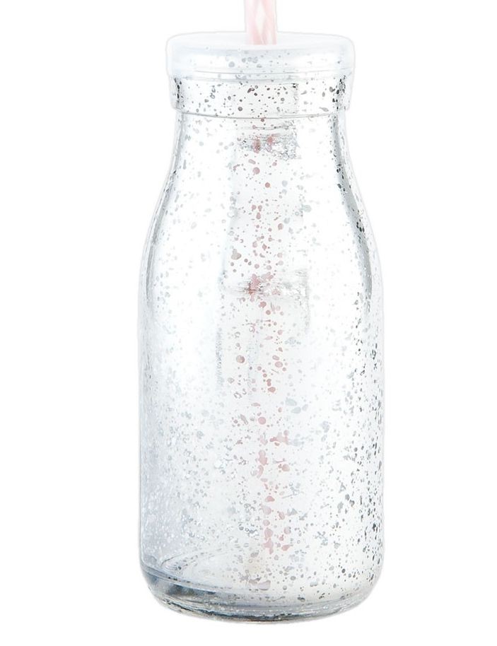 Stříbrná skleněná láhev na brčko bez brčka - Ø 6*14 cm / 0,2 L Clayre & Eef