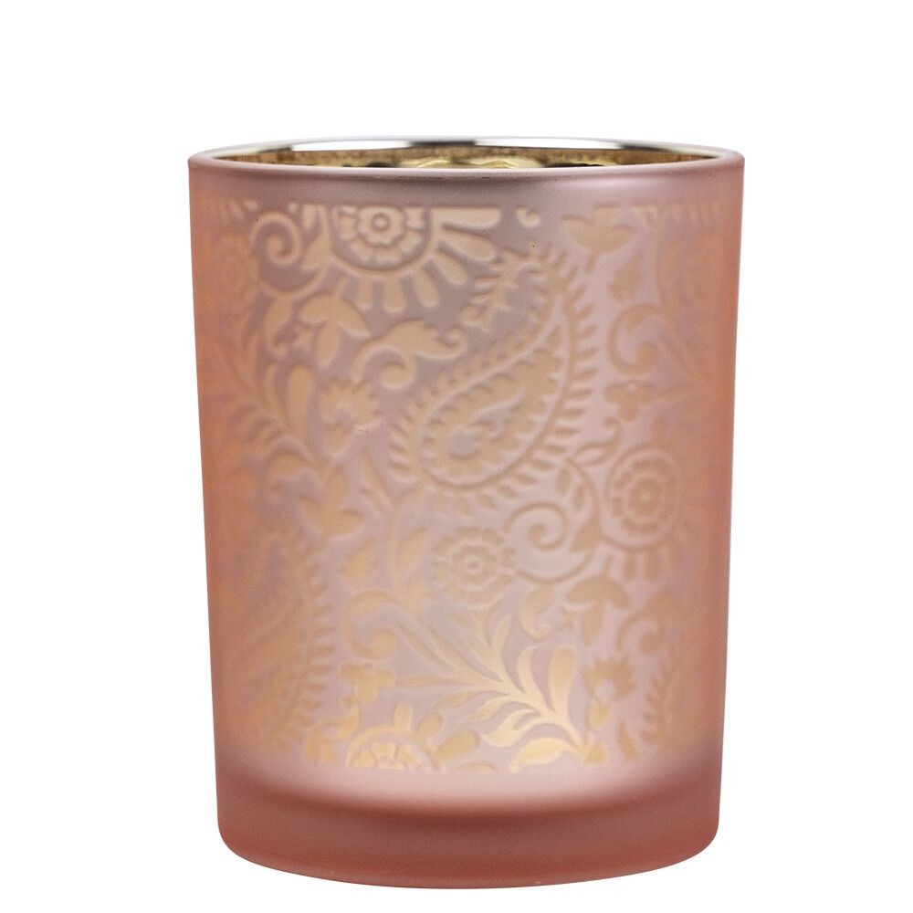 Růžovo stříbrný skleněný svícen s ornamenty Paisley vel.M - Ø 10*12,5cm Mars & More