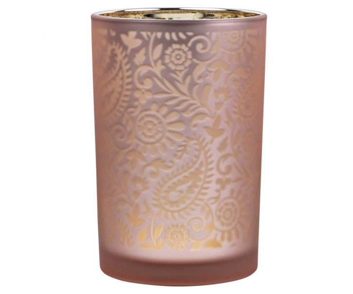 Růžovo stříbrný skleněný svícen s ornamenty Paisley vel.L - Ø 12*18cm