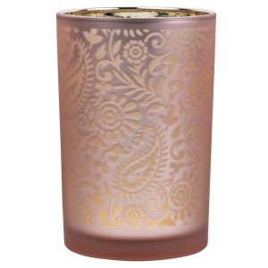 Růžovo stříbrný skleněný svícen s ornamenty Paisley vel.L - Ø 12*18cm