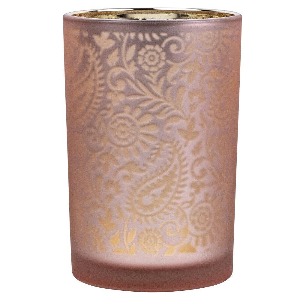 Růžovo stříbrný skleněný svícen s ornamenty Paisley vel.L - Ø 12*18cm