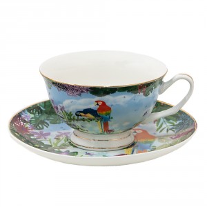 Porcelánový šálek s podšálkem s papoušky Papagai - 12*10*6 cm / Ø 15*2 cm / 200 ml