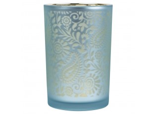 Modro stříbrný skleněný svícen s ornamenty Paisley vel.L - Ø12*18cm