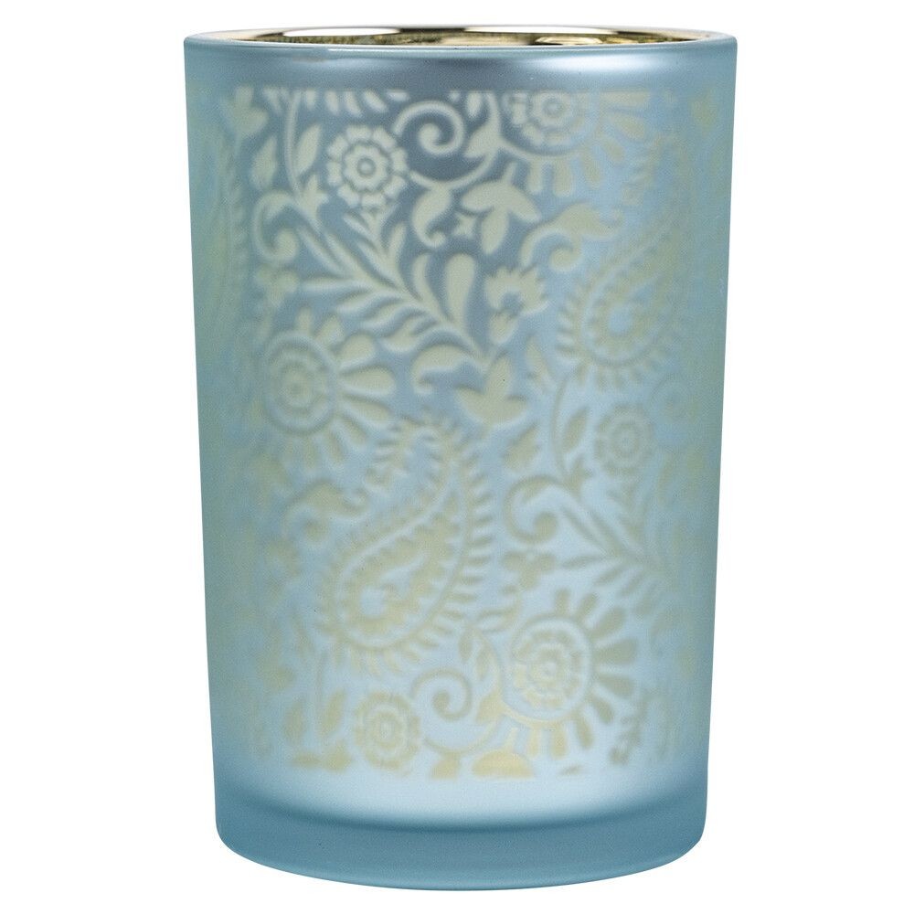 Modro stříbrný skleněný svícen s ornamenty Paisley vel.L - Ø12*18cm