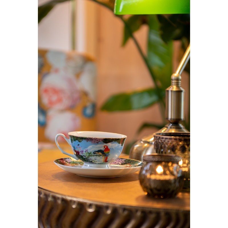 Porcelánový šálek s podšálkem s papoušky Papagai - 12*10*6 cm / Ø 15*2 cm / 200 ml