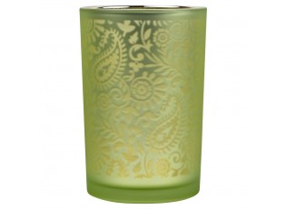 Zeleno stříbrný skleněný svícen s ornamenty Paisley vel.L - Ø12*18cm