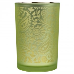 Zeleno stříbrný skleněný svícen s ornamenty Paisley vel.L - Ø12*18cm