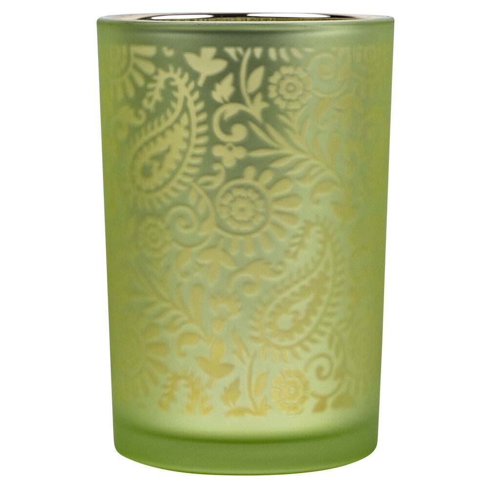 Zeleno stříbrný skleněný svícen s ornamenty Paisley vel.L - Ø12*18cm