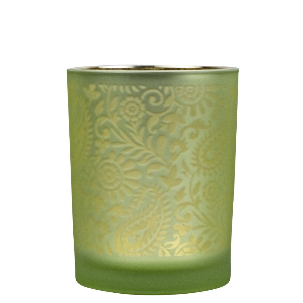 Zeleno stříbrný skleněný svícen s ornamenty Paisley vel.M - Ø10*12,5cm Mars & More