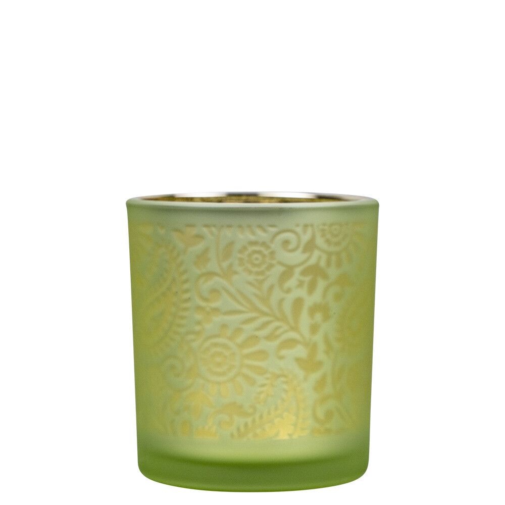 Zeleno stříbrný skleněný svícen s ornamenty Paisley vel.S - Ø7*8cm