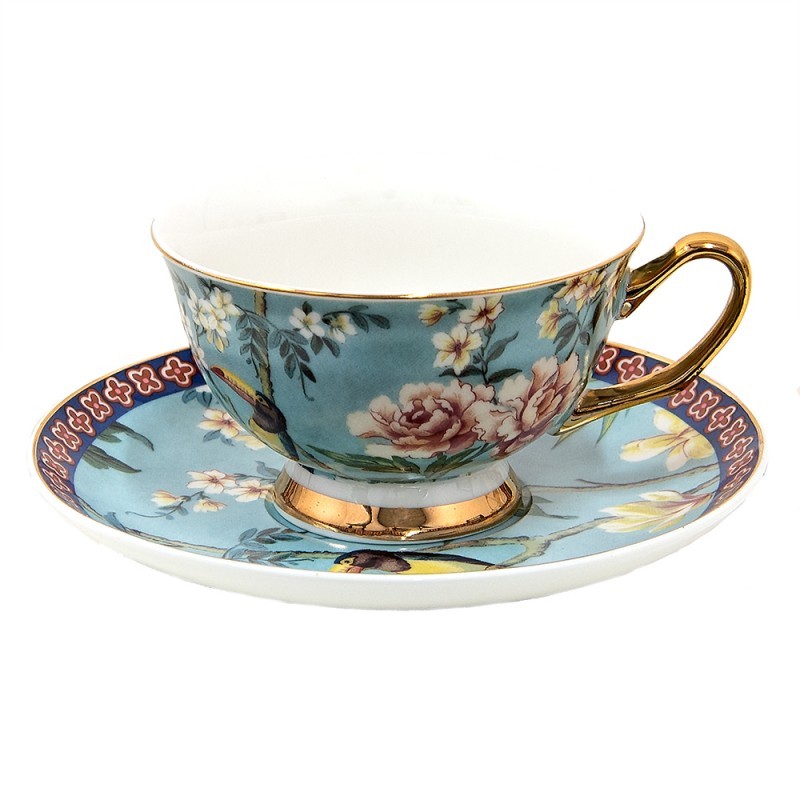Modrý porcelánový šálek s podšálkem s květy a Tukanem - 12*10*6 cm / Ø 15*2 cm / 200 ml Clayre & Eef