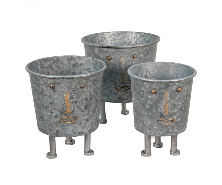 3ks dekorační plechový antik obal na květináč s obličeji - Ø 28*31 / Ø 24*29 / Ø 21*28 cm