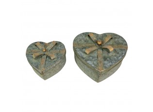 2ks dekorační antik plechové boxy srdce s mašlemi - 24*22*14 / 18*16*11 cm
