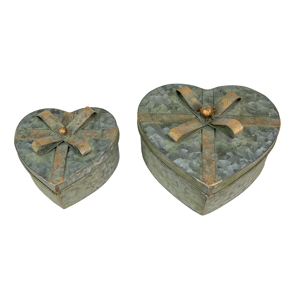 Levně 2ks dekorační antik plechové boxy srdce s mašlemi - 24*22*14 / 18*16*11 cm 6Y4870