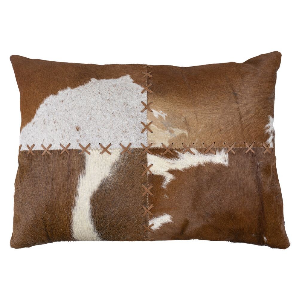 Hnědý kožený polštář s výrazným stehem Stitch Cow - 45*60*15cm