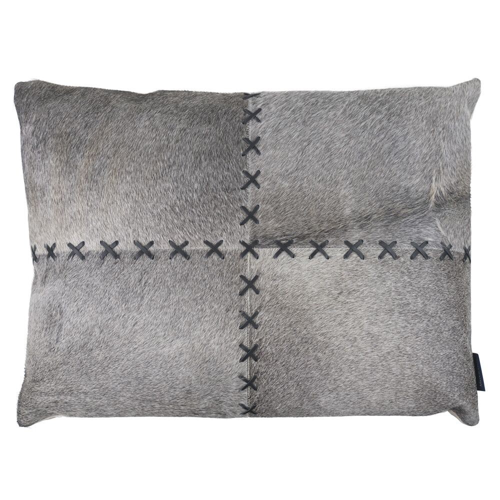 Šedý kožený polštář s výrazným stehem Stitch Cow - 45*60*15cm