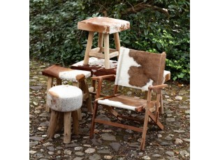 Dřevěná lavice s koženým sedákem Cowny bílá/hnědá - 95*40*45cm