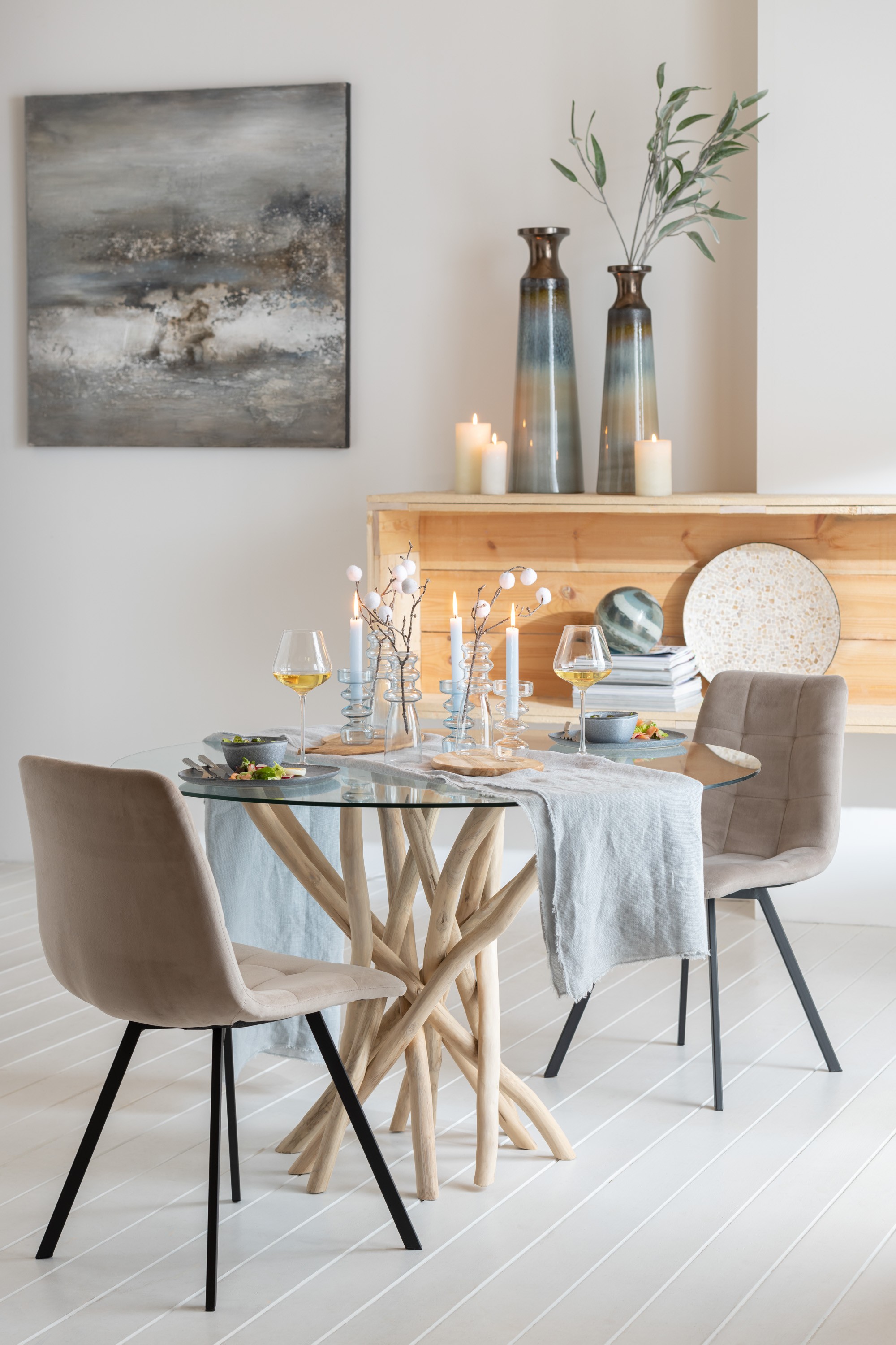 Jídelní kulatý dřevěný stůl se skleněnou deskou Branches - Ø120*75 cm