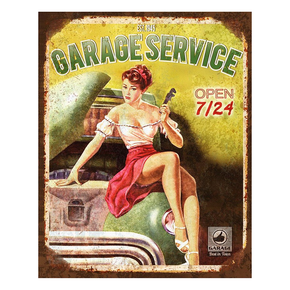 Levně Zeleno-žlutá nástěnná kovová cedule Garage Service - 20*1*25 cm 6Y5162