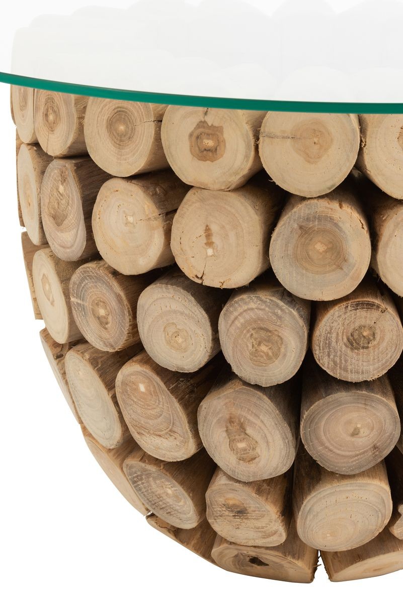 Přírodní konferenční stůl z teakových špalíků a skleněné desky Disos - Ø70*45cm