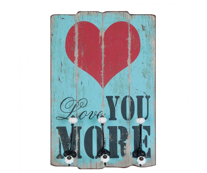 Nástěnná dřevěná cedule s háčky Love you More - 40*13*60cm