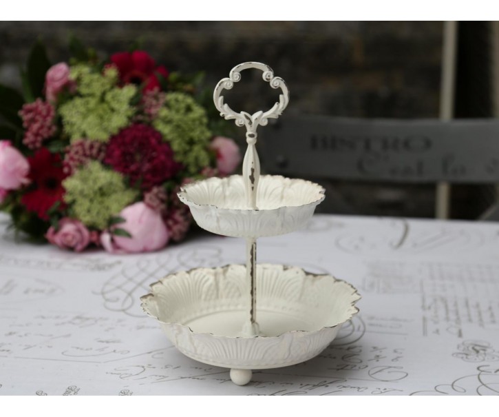 Bílý antik kovový 2-patrový etažér Lace white - Ø 18*25 cm